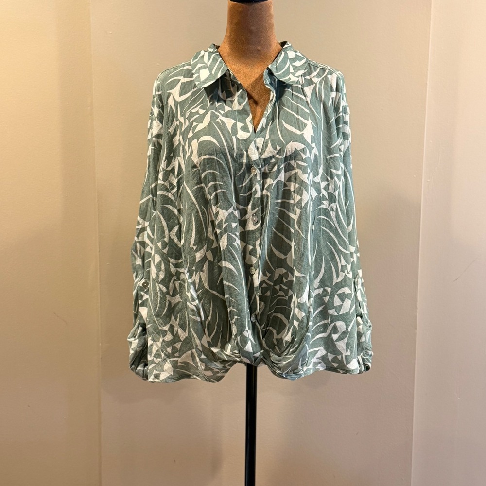 AUW Button Front Blouse Women 2X Green Leaf Print Dorothy Zbornak Tropical Boho